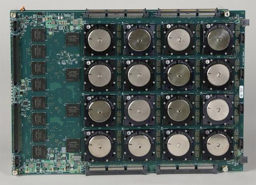 To demonstrate the ability to connect chip-to-chip communication seamlessly through tiling, IBM build a board where 16 chips weretested as a single network.(Source: IBM)