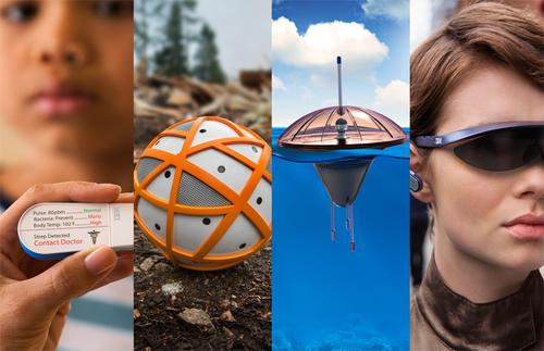 The low-power and sensory processing capabilities of this chip make it well suited for diverse applications (from left to right) in medicine (a smart thermometer that visually inspects the throat and sniffs for telltale odors of infection), robotics (an autonomous rolling robot studded with video cameras can inspect a disaster site), sensing (floating jellyfish-like sensors that measure water temperature, salinity, turbidity, and wave height) and personal navigation (assistive glasses that can help the visually impaired navigate complex environments).(Source: IBM)