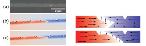 The team assigned red (magnetization pointing right) to be '1' and blue (magnetization pointing left) to be '0'; four notches along a one-dimensional nanowire with only one domain wall are in white. In Panel (b) (shown on left), the data before the domain wall are '1's and the data after the domain wall are '0's, as indicated that in the detail view of Panel (b) (right side). Panel c shows a different shaped domain wall. (Source: UC Davis)