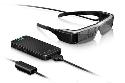 Epson's Moveria glasses add a stereo see-through display to their head-mounted unit. (Source: Epson)