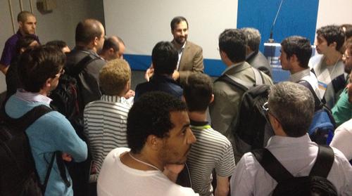 A throng of engineers surrounded Luke Dubord, Avionics Systems Engineer for NASA (facing camera) for more than an hour after his keynote speech at ESC Brazil on the challenges of engineering a mission to Mars.