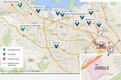 One publication created this map to some of Silicon Valley's tech companies and homeless encampments. (Source: Business Insider)