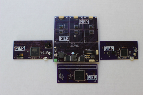 The PIEP motherboard with processor boards from Atmel/ARM, Freescale, and Microchip.Click here for larger image
(Source: EE Times/Alan Roche)