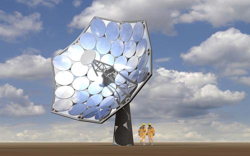 This solar dish produced up to 20 KW thanks to a collaboration between Airlight Energy, which has perfected low-cost solar concentration to 2,000X, and IBM, which has perfected water-cooling chips down to 105 degrees that would otherwise be driven up to 1,500 degrees.
(Source: IBM/Airlight Energy)
