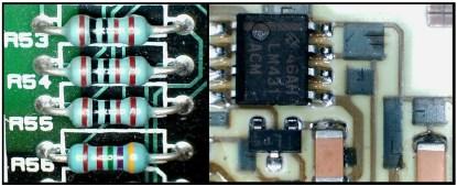 Two very different types of resistor. Left: 1/4W 1% through-hole metal film resistors (3 x 1KΩ plus a 4.75KΩ). Right: part of a hybrid circuit (printed tracks and resistors and surface mounted devices on a ceramic substrate); note the laser cuts to the resistors, most clearly visible at middle top on the resistor between pins 7 and 8 of the LM431 voltage reference IC.(Click here to see a larger image.)