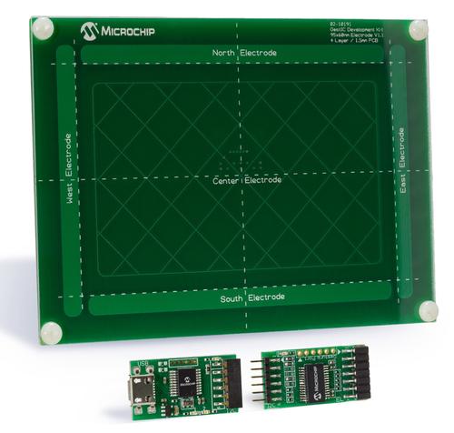 The GestIC development kit (DM160226) includes a five sensor board (top) and receiver chip (bottom right) and the gesture processing unit chip (bottom left) that interfaces to the application processor via USB.
(Source: Microchip)