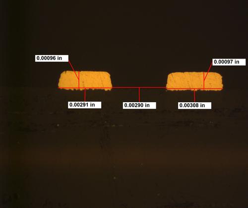 Each trace in this pair was designed to be 3 mils wide on 3-mil spacing. They were produced by a very well-controlled process and are the best that can be expected from subtractive fabrication.
