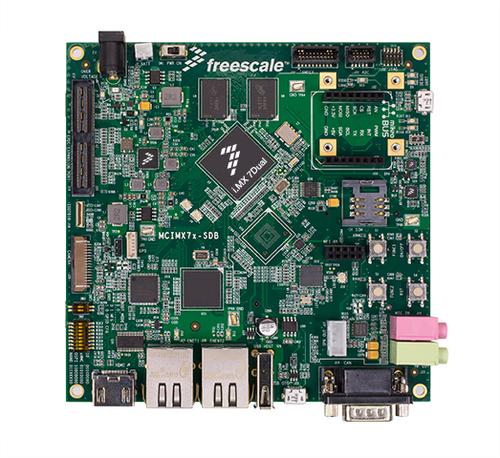 Freescale's evaluation board houses the i.MX 7Dual application processor, with dual ARM Cortex-A7 processors plus a Cortex-M4 processors, along with the PF3000 power management chip which supports multiple one-to-five voltage outputs, WiFi, Bluetooth Low Energy and more.
(Source: Freescale) 