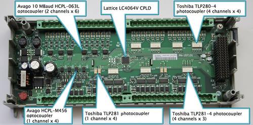 Figure 2 Rockwell chose optocouplers to form the heart of its isolation strategy for the device inputs and outputs on its digital I/O board for the Micro850 PLC. Click here for larger image.