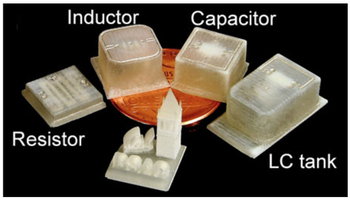 A range of 3D-printed electrical components, including a resistor, inductor, capacitor and an integrated inductor-capacitor resonatwe are shown, as labeled, with a model of Sather Tower on the University of California Berkeley campus along with the word 'Cal,' and the acronym 'BSAC' for Berkeley Sensor and Actuator Center. (Photo by Sung-Yueh Wu).
(Source: University of California Berkeley)