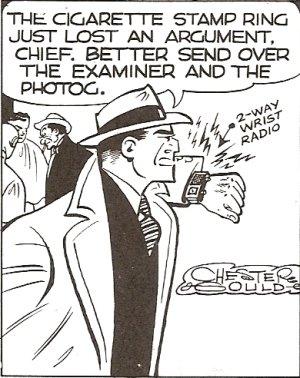 A voice-only mobile phone like Dick Tracy's Wrist Radio would have the advantage of voice communication anywhere, but extremely low power operation and long battery life.  (Source: Chester Gould)