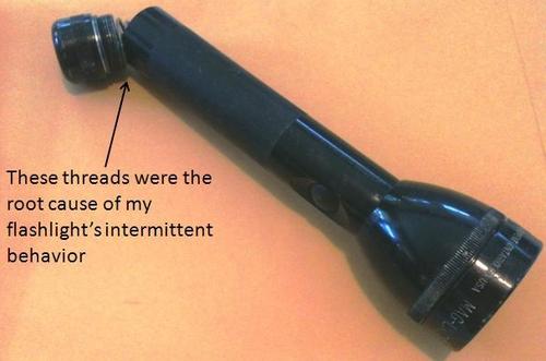 The nearly invisible grit on the threads of the end cap prevented solid electrical contact between the internal and external threads, and also prevented the end cap from screwing down and seating properly onto the body, resulting in strange intermittent operation of this high-quality flashlight.