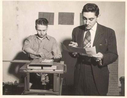 H. Joseph Gerber working with a technician to build one of his early computing devices circa 1950 (Source: The family of H. J. Gerber, Gerber Scientific, Inc., and Ucamco N.V.; Reproduced with permission)