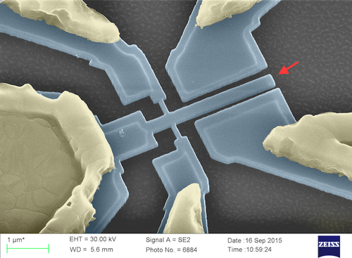 Frequency stability monocrystalline silicon nanoelectromechanical system (NEMS) resonator used to perform measurements using resonating bar (red arrow) 3.2 microns-by-300 nm-by-160 nm (thick).
(Source: Leti)