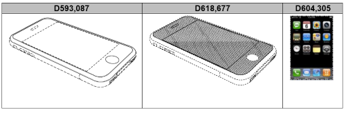 In a 2012 jury trial, Samsung was charged with nearly $400 in damages for handsets found to violate the three Apple design patents above. Dotted lines show patented features. (Image: Apple) Click here for larger image