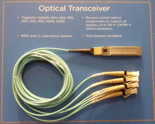 This fiber-optic cable uses a microQSFP pluggable module, on display in the TE Connectivity booth at OFC 2016.