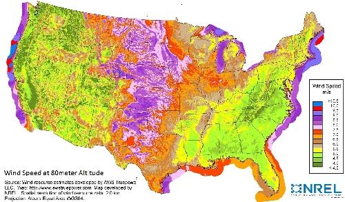 Figure 3. Wind velocities in the U.S. are highest along the coasts and in the plains east of the Rockies. Click here to enlarge. Source: National Renewable Energy Laboratory.
