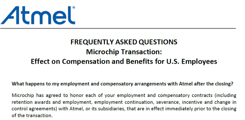 Part of an FAQ on the Microchip merger that Atmel provided its employees 