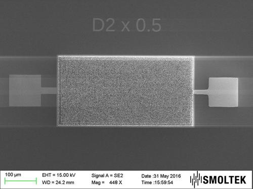 SEM photograph of a newly manufactured 'all solid state' test mini supercapacitor. (Source: Smoltek)Click here for larger image