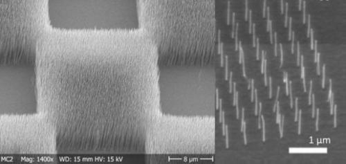 (left) nanostructures grown in 'checker box' pattern, (right) an array of nanostructures grown on a substrate. (Source: Smoltek)Click here for larger image