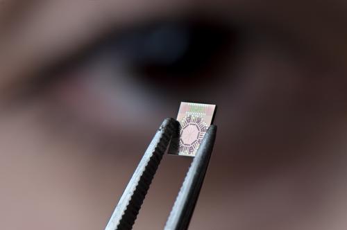 Tiny though it is, the Heydari lab's radiator chip boasts the highest power and efficiency of any device in its class, according to its creators.
(Source: Steve Zylius / UCI)