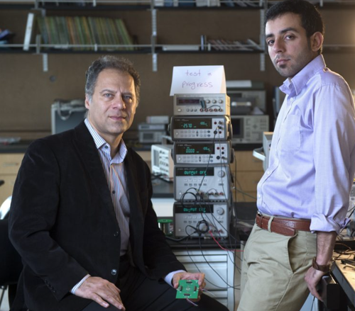 UCI professor of electrical engineering & computer science Payam Heydari (left) and grad student researcher Peyman Nazari have engineered a circularly polarized radiating element that could have widespread applications.
(Source: Steve Zylius / UCI)