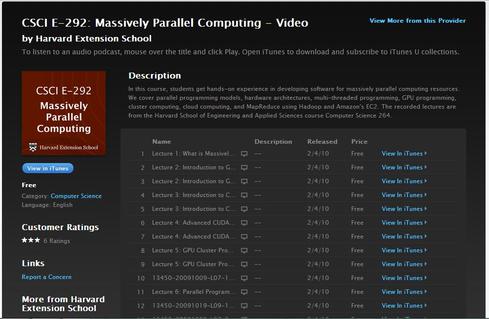 Massively Parallel Computing
Harvard Extension, via iTunes U

One of the most basic problems of big data is that it will quickly crush traditional, centralized computing approaches and resources. Enter massively parallel computing to better serve the ever-growing mounds of data that people and organizations generate in the digital age. 'In this course, students get hands-on experience in developing software for massively parallel computing resources,' the description says. Topics and technologies covered include clusters, cloud, MapReduce, Hadoop, and Amazon's EC2 cloud.
