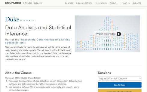 Data Analysis & Statistical Inference
Duke, via Coursera

Statistics often pops up on lists of related skills and disciplines that can prove useful in kickstarting a big data career. This free massive open online course (MOOC) from Duke University directly connects the dots among the field of statistics and data collection, analysis, and understanding. Note: The next session starts Sept. 1.
