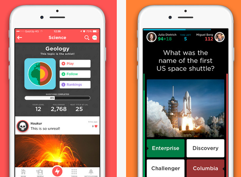 QuizUp If Trivia Night is a weekly event on your calendar, you'll love multiplayer trivia game QuizUp. Touted as 'the biggest trivia game in the world' on Apple's iTunes, the platform lets you go head-to-head with friends or random strangers in trivia face-offs on topics ranging from geology to Harry Potter. It's easy to find new topics that match your interests and chat with people who have something in common with you. It's free on iOS and Android. (Image: Apple App Store)