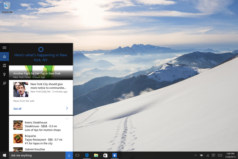 Why It Matters: Cortana  Microsoft's virtual assistant has arrived on the desktop, specifically in the taskbar next to the Start menu. You can search Cortana with written or spoken commands. The tool also processes natural language inquiries to search for information online or for specific content within OneDrive. The search capabilities are speedy, and I use them often. However, Cortana's capabilities go far beyond search. The assistant's interface displays a personalized snapshot of your schedule and interests, which I've found to be pretty handy. You can catch up on local and world news, view recommendations for local restaurants, and track the weather for your area. Cortana will also scan your messages to provide travel alerts and other updates. On the security front, it's important to note that you do have control over how much Cortana knows and whether it works. You can manage the information Cortana holds in the cloud and turn Cortana off to clear what it knows on a specific device. (Image: Microsoft)