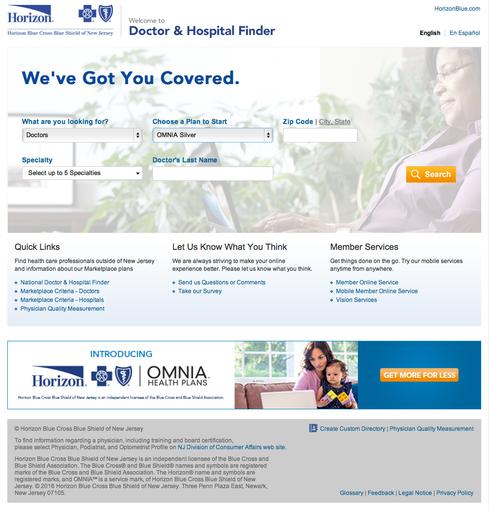 Above is an example of the Doctor and Hospital Finder created by Horizon Blue Cross Blue Shield of New Jersey.
(Image: Horizon Blue Cross Blue Shield of New Jersey)

