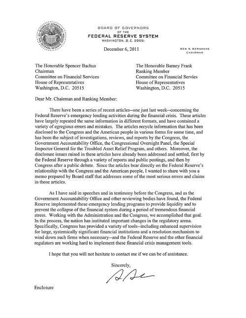 Bernanke letter to Congress