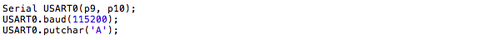 MBed code for initializing a UART and sending the letter A.