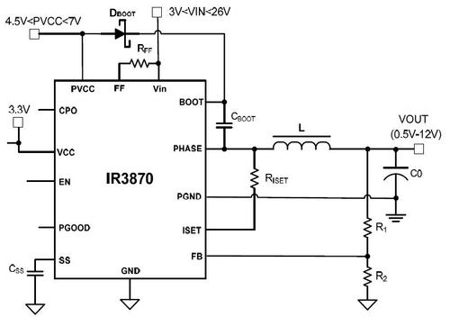 External circuitry with the '3870 that creates a buck switching regulator.