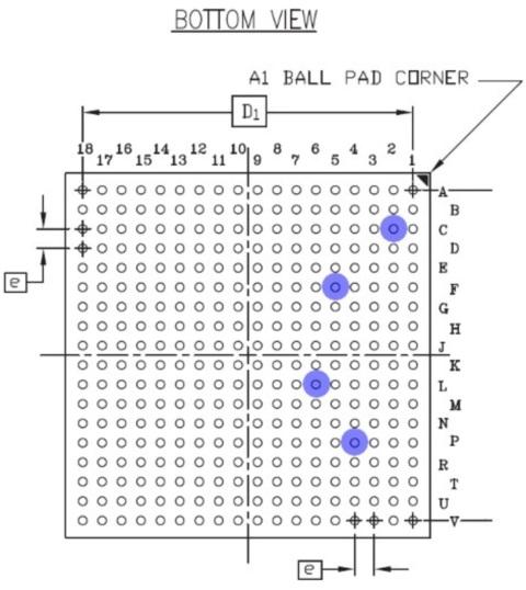 Bottom view of the pins on the chip package.