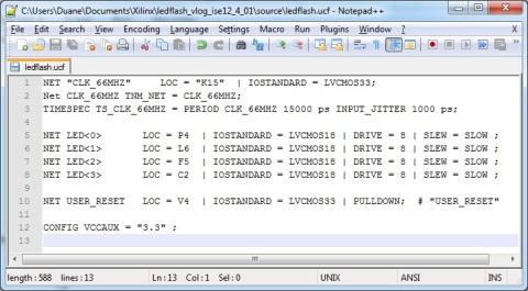 Screenshot of the UCF file used for the LED tutorial.