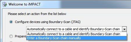 Loading the FPGA -- Selecting the 'Chain Manually' option.