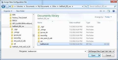 Loading the FPGA -- Selecting the 'ledflash.bit' file.