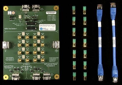 A test fixture provides all connections needed to test Energy Efficient Ethernet, including test points for an oscilloscope.