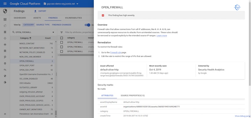Security Health Analytics shows steps to remediate an open firewall. Image: Google Cloud