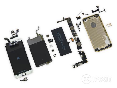 Fully disassembled iPhone 6 Plus packs a lot of hardware in a relatively small space.
(Source: iFixit)