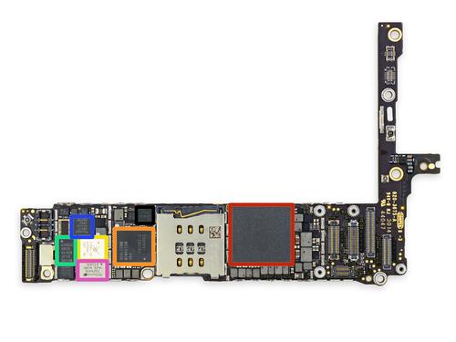 The heart of the matter- the iPhone 6 Plus' mainboard with Apple A8 SoC with 1 GB of RAM.
(Source: iFixit)
