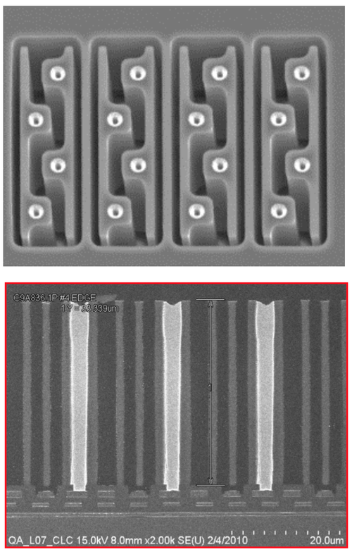 The mCube process first fabricates a complementary metal oxide semiconductor (CMOS) application specific circuit (ASIC) on the bottom, then grows the mechanical MEMS material atop the CMOS, then (top) etches high-aspect-ratio bars perforated by three micron vias for the accelerometer.(Source: mCube)