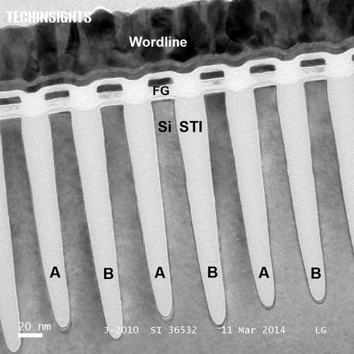 Figure 3: Micron 16 nm NAND Flash Si Channels and STI (Source: Memory Detailed Structural Analysis of the Micron 16 nm NAND Flash Memory, TechInsights)