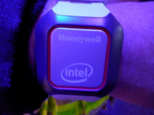 A Honeywell product manager in full firefighter gear showed the prototype Quark device worn as a smartwatch.