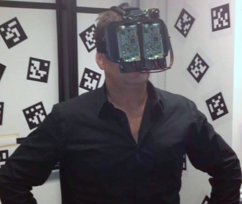 Jack McCauley wearing an early prototype of his VR headset invention,.(Source: McCauley, used with permission) 