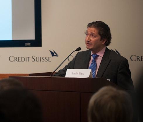 Lucio Biase, CEO at LMRKTS, one of six startups presented at the fourth annual FinTech Innovation Lab Demo Day, hosted at Credit Suisse.